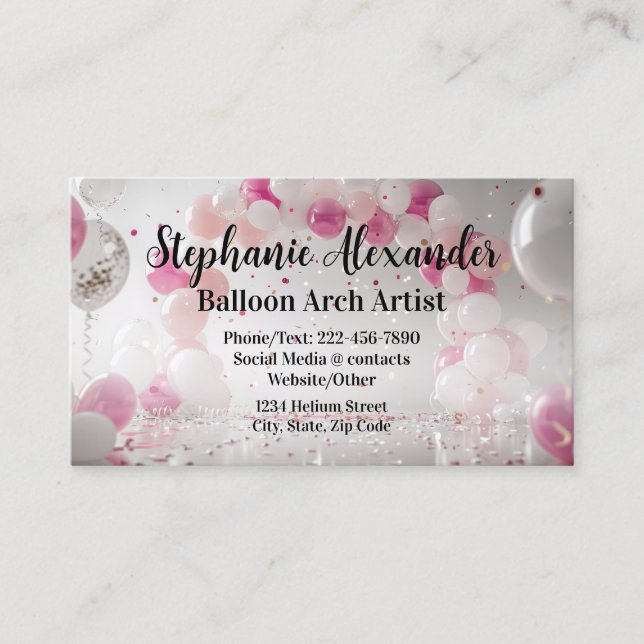 Festive Pink Balloon Arch Artist Party Planner Business Card (Front)
