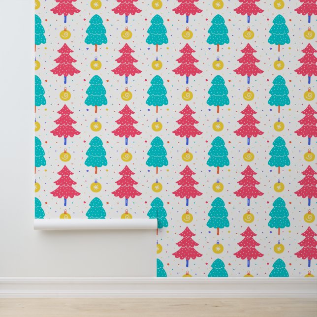 Festive pink blue Christmas tree pattern tiled  Wallpaper (Application)
