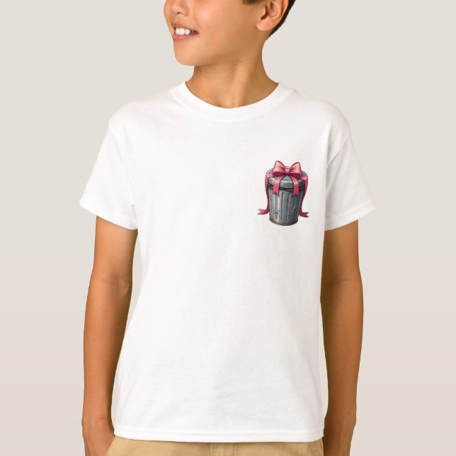 Festive Pink Bow Silver Trash Can Kids T-Shirt (Front)