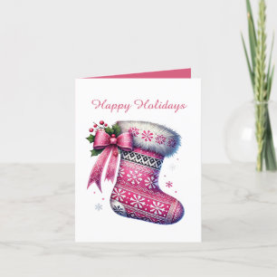 Festive pink Christmas customisable stocking Holiday Card