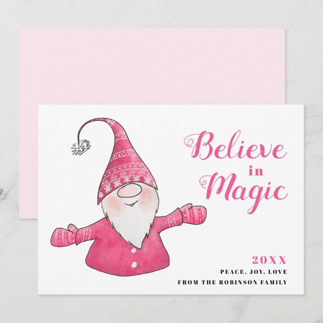Festive Pink Christmas Cute Gnome Believe in Magic Holiday Card (Front/Back)