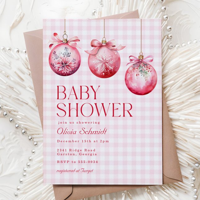 Festive Pink Christmas Ornament Girl Baby Shower Invitation (Creator Uploaded)