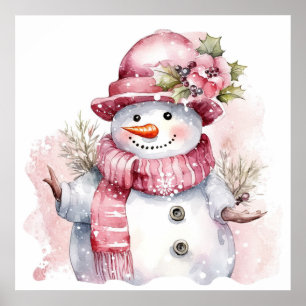 Festive pink Christmas snow woman Poster