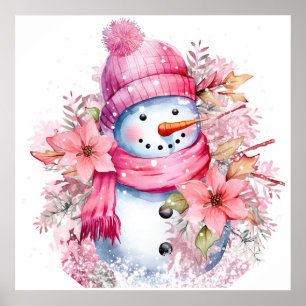 Festive pink Christmas snow woman Poster