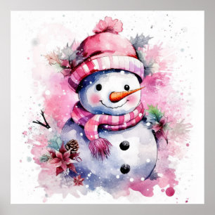 Festive pink Christmas snow woman Poster