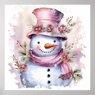 Festive pink Christmas snow woman Poster