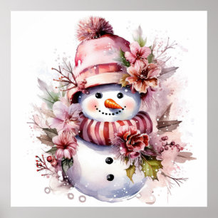 Festive pink Christmas snow woman Poster