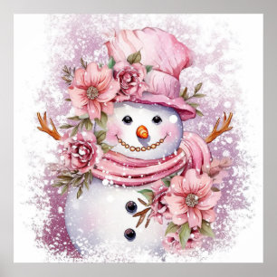 Festive pink Christmas snow woman Poster