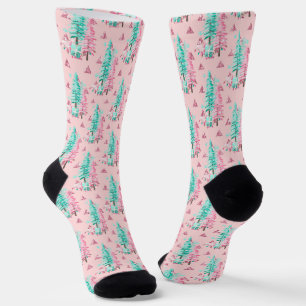 Festive Pink Christmas Tree Pattern Socks