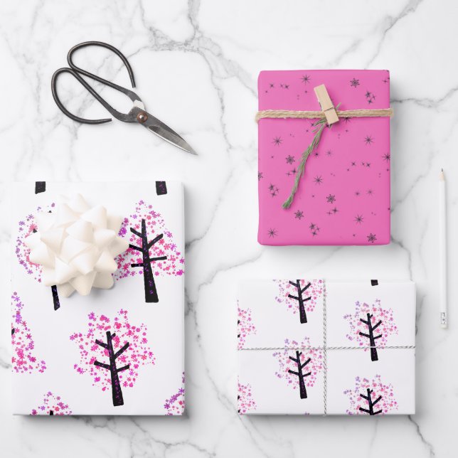 Festive Pink Christmas Tree Snowflake Pattern Wrapping Paper Sheet (Front)