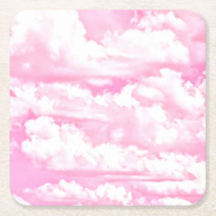 Festive Pink Clouds Square Paper Coaster
