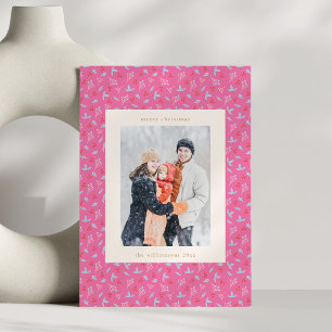 Festive Pink Cute Botanical Christmas Photo Holiday Card