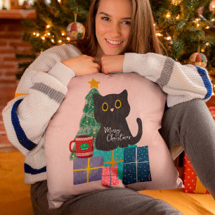 Festive Pink Cute Cat Coffee Merry Christmas Cushion