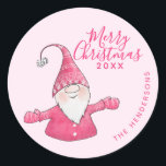 Festive Pink Cute Gnome Custom Merry Christmas Classic Round Sticker<br><div class="desc">These elegant girly pink Christmas stickers with a Merry Christmas saying and a cute gnome in pink apparel were designed for Xmas mailing seals or favour gifts labels. The template text makes it easy to type your Family name and a year.</div>
