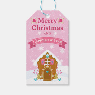 Festive Pink Gingerbread House Christmas Gift Tags