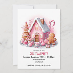 Festive Pink Gingerbread House Christmas Party Holiday Card