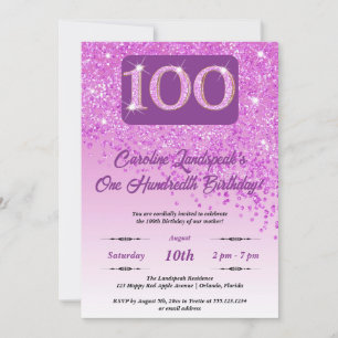 Festive Pink Glitter 100th Birthday Invitation