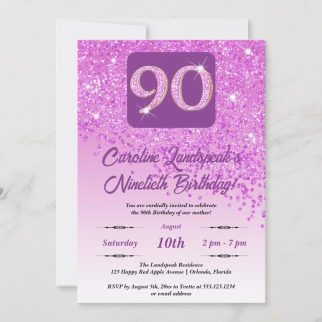 Festive Pink Glitter 90th Birthday Invitation (Front)