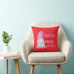 Festive Pink Gnome Christmas Throw Pillow - Red