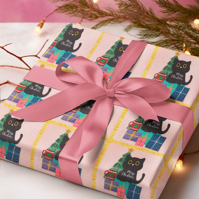 Festive Pink Gold Christmas Black Cat Coffee Wrapping Paper (Creator Uploaded)