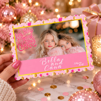 Festive Pink Gold Confetti Photo Christmas Holiday Card