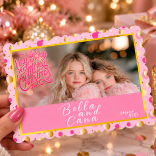 Festive Pink Gold Confetti Photo Christmas Holiday Card
