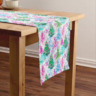 Festive Pink, Green, and Blue Christmas Trees Long Table Runner