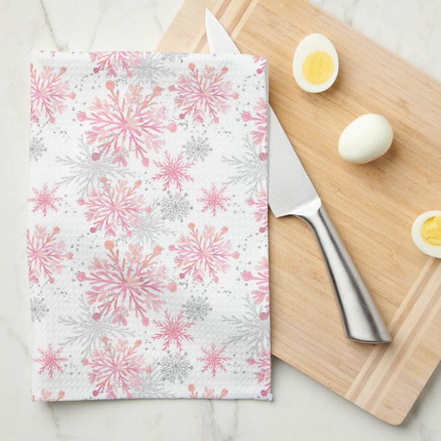 Festive Pink Grey snowflake tiled pattern Tea Towel (Quarter Fold)