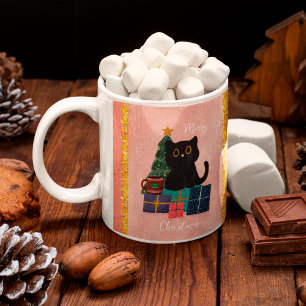 Festive Pink Merry Christmas Cute Black Cat Coffee Coffee Mug