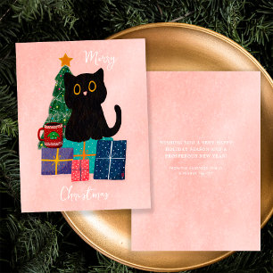 Festive Pink Merry Christmas Cute Black Cat Coffee Holiday Card