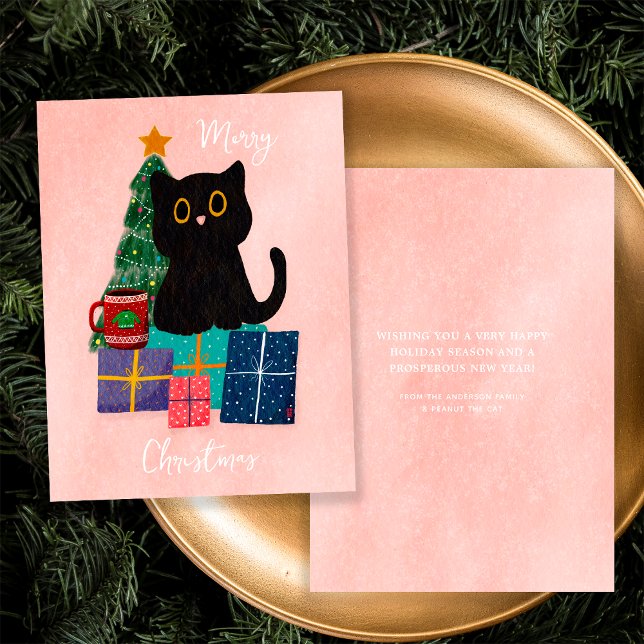 Festive Pink Merry Christmas Cute Black Cat Coffee Holiday Card (Front and Back)