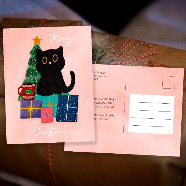 Festive Pink Merry Christmas Cute Black Cat Coffee Holiday Postcard (Front and Back)