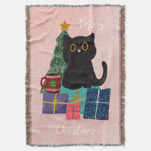 Festive Pink Merry Christmas Cute Cat Coffee Art Throw Blanket
