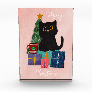 Festive Pink Merry Christmas Cute Cat Coffee Photo Block