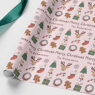 Festive Pink Merry Christmas Cute Holiday Pattern Wrapping Paper