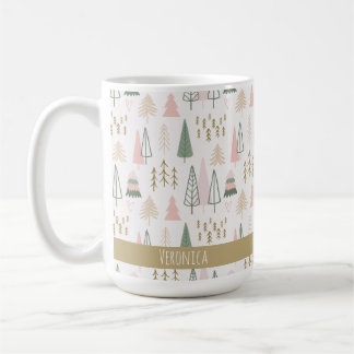 Festive Pink Minimalist Christmas Trees Name Coffee Mug