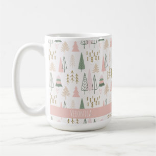 Festive Pink Minimalist Christmas Trees Name Coffee Mug