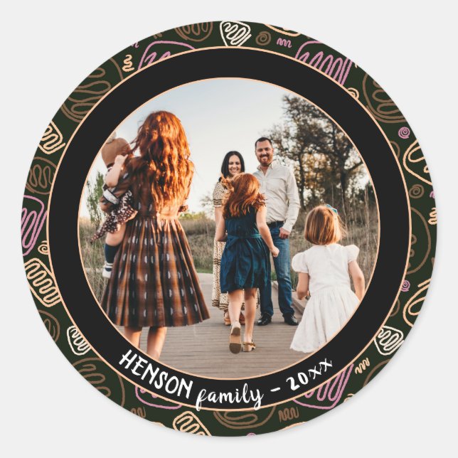 Festive Pink One line art Christmas Family Photo Classic Round Sticker (Front)