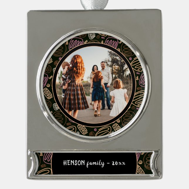 Festive Pink One line art Christmas Family Photo Silver Plated Banner Ornament (Front)