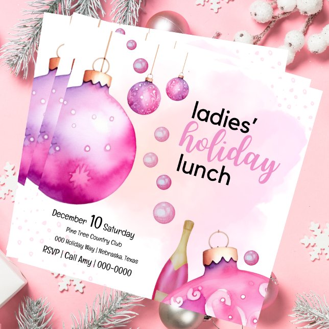 Festive Pink Ornaments Ladies Christmas Brunch Invitation (Ladies Holiday lunch in pink for your festive brunch gatherings.  Invite is fully customizable. )