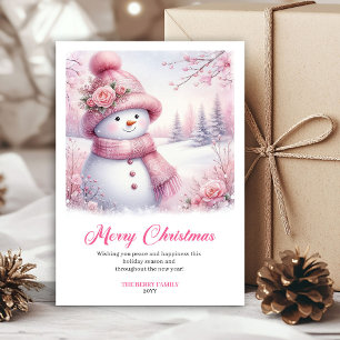 Festive pink snowman Christmas kids card digital