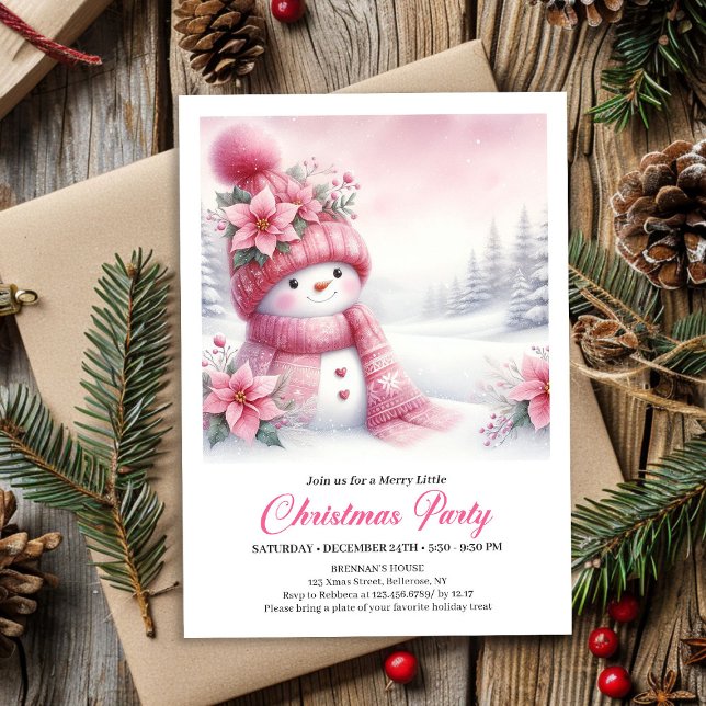 Festive Pink Snowman Kids Christmas Invite Digital (Festive Pink Snowman Kids Christmas Invite Editable File)