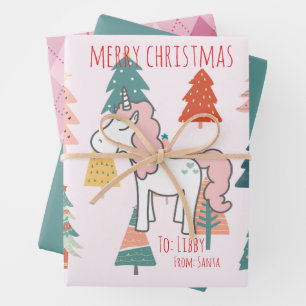 Festive Pink Unicorn Christmas Stars and Plaid Wrapping Paper Sheet