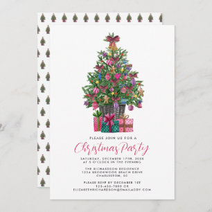 Festive Pink Whimsical Christmas Tree Party Pink Invitation