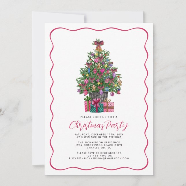 Festive Pink Whimsical Christmas Tree Party Pink Invitation (Front)