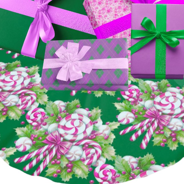 Festive Pink White Green Candy Cane Christmas  Brushed Polyester Tree Skirt (Sweet Christmas candy canes on a dark green background make a beautiful tree shirt!)