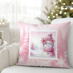 Festive Pinkmas Pillow Snowman Winter Charm