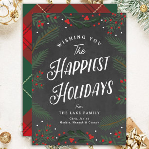 Festive Plaid and Greenery and Berries Custom  Holiday Card