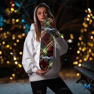 Festive Plaid Christmas in Burgundy and Gold Skateboard