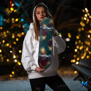 Festive Plaid Design with Golden Highlights Skateboard